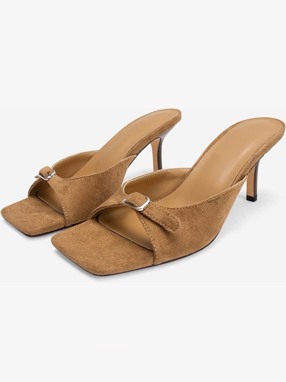 Brand New! Suede Square-Toe Slide Mules in Tan with Buckle Detail (Size: 8.5)